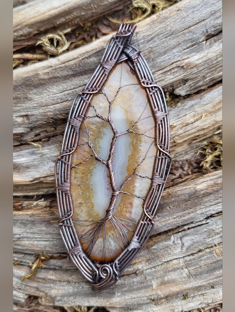 Agate Slice Tree Of Life Handcrafted Copper Pendant Necklace